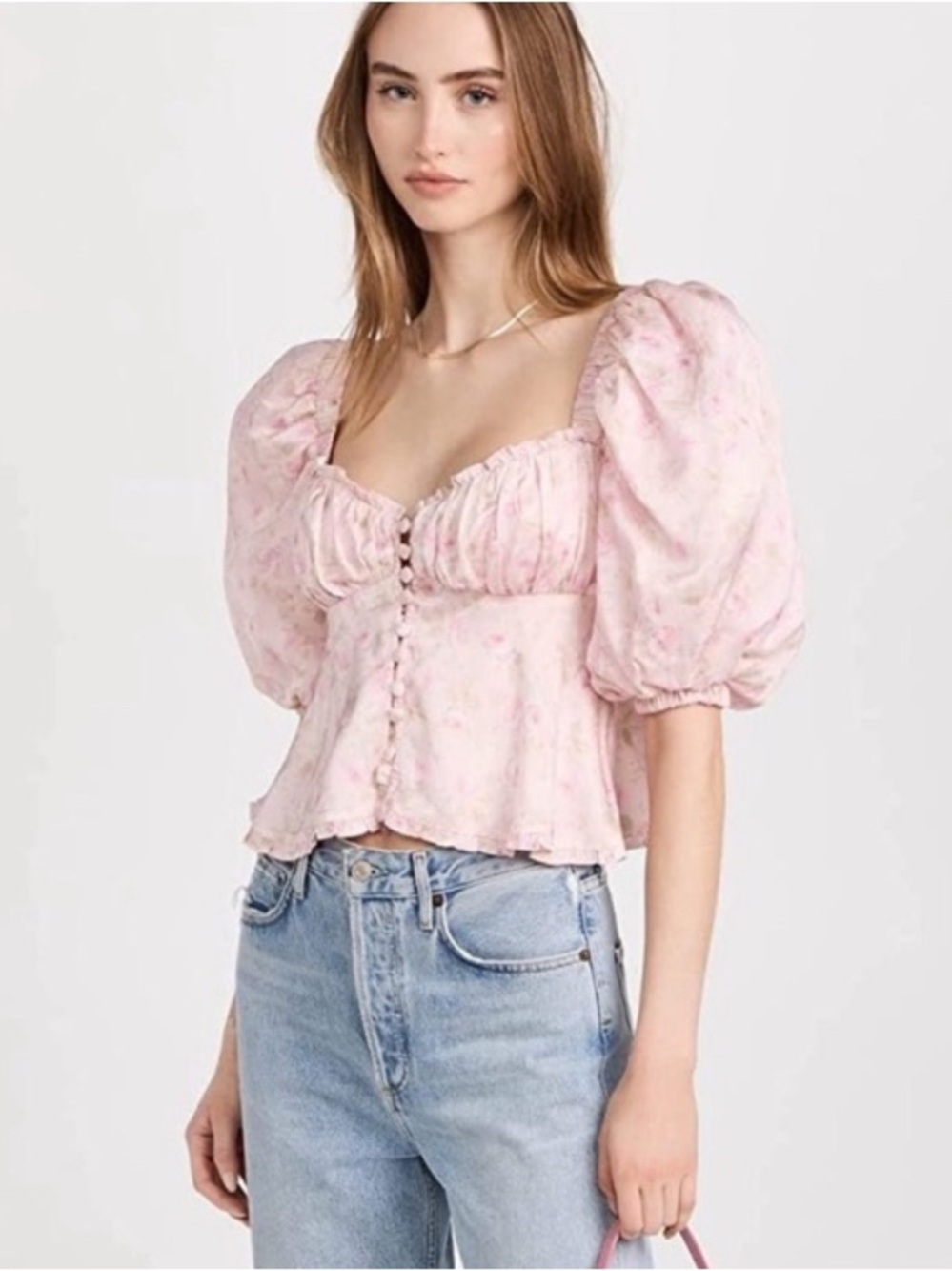 For Love & Lemons Rhoda Blouse Top Puff Sleeve Crop